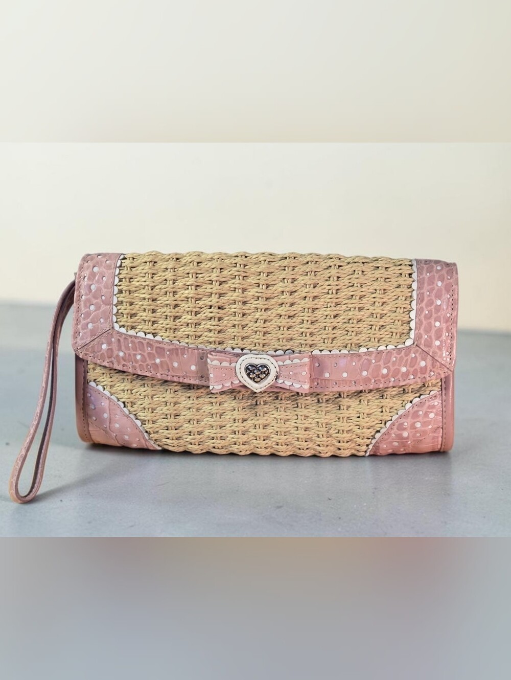 Brighton Pink Trim Straw Wristlet Clutch with Heart Detail